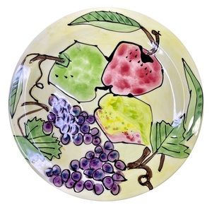 Tika Fruit Set of 2 Painted 8" Salad Plate Yellow Apple Grapes Pear
